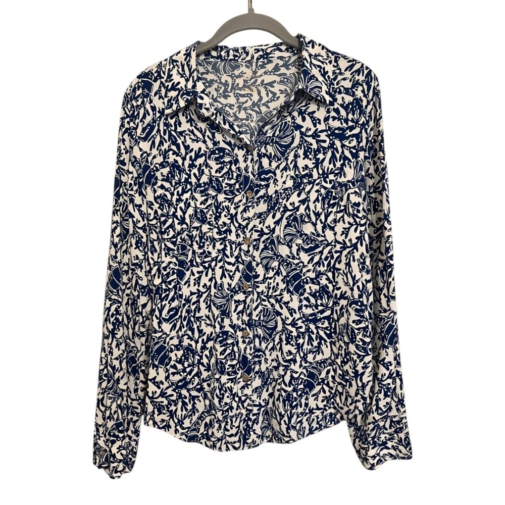 Lilly Pulitzer Sea View Button Down Top Women's Large Blue Coral Coastal Resort